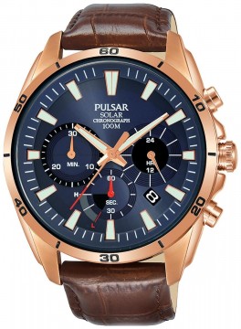 PZ5062 PULSAR CRONOGRAF HERREUR I ROSÉ MED BLÅ TALLSKIVE OG DATO - 100 M - D:44 MM