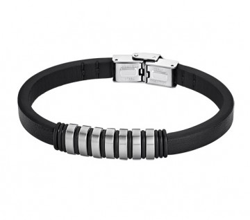 LS1827-2-1 LOTUS STYLE - SORT ARMBÅND I SKINN OG STÅL - LENGDE: 22 CM