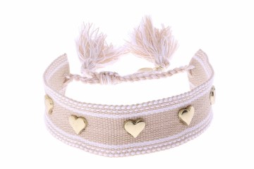 10009048 LIZAS TEKSTIL ARMBÅND - BEIGE MED HJERTER I GULLFARGE - BREDDE: 20 MM