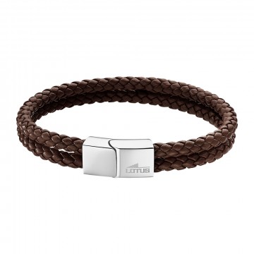 LS2011-2-2 LOTUS STYLE - BRUNT ARMBÅND I SKINN OG STÅL - LENGDE: 20,5 CM