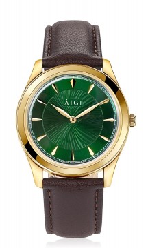 ÁIGI - AURORA I GULLFARGE MED GRØNN TALLSKIVE OG BRUN REIM - DIAMETER: 38 MM