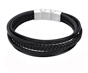 LS2051-2-3 LOTUS STYLE  SORT ARMBÅND I SKINN OG STÅL - LENGDE: 20,5 / 22