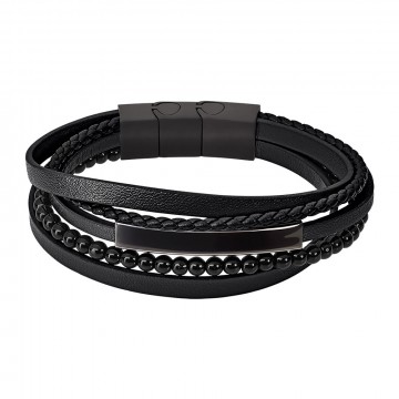 LS2144-2-4 LOTUS STYLE - SORT ARMBÅND I SKINN OG STÅL - LENGDE: 20 / 21,5 CM